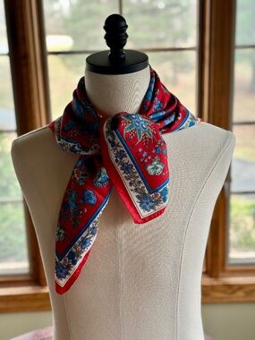 Scarf, Vintage Mar Laury 90s Red and Blue Floral Pattern